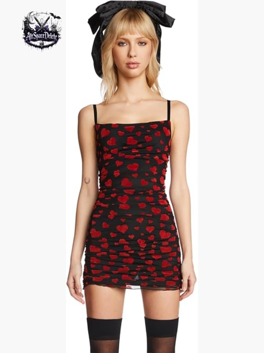 Mesh Mini Dress with Heart Print, Ruched Bodycon, Adjustable Straps